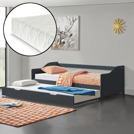 [en.casa] Sofá Cama con 2x Colchón - Pino - 205x190,5x66cm - Cama extraíble - Canapé - Pino - Gris oscuro