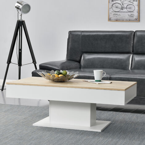 [En.Casa] – Table basse fixe 40 x 110 x 60 cm – Effet chêne blanc – Plateau coulissant avec rangement – Panneau de particules mélaminé