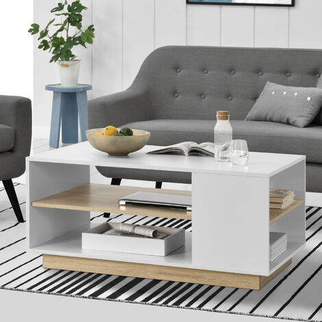 [En.Casa] – Table basse fixe avec étagère de stockage – Dimensions 46 x 100 x 60 cm – Panneau de particules mélaminé blanc et chêne – Finition brillante