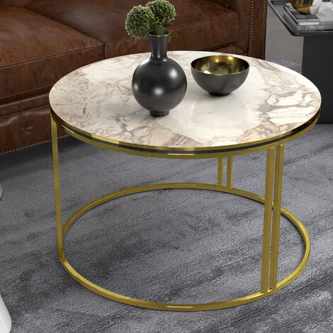 [En.Casa] – Table basse ronde 50 x 70 cm en marbre blanc et pieds dorés – Design moderne pour salon – Montage simple et rapide