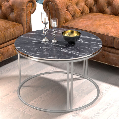 [En.Casa] – Table basse ronde 50 x 70 cm en marbre noir et pieds en métal argent – Design moderne pour salon – Montage simple et rapide