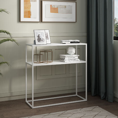 [En.Casa] – Table console industrielle métal blanc 80 x 30 cm – Design anti-rayures – Rangement ouvert et tablette inférieure – Assemblage rapide