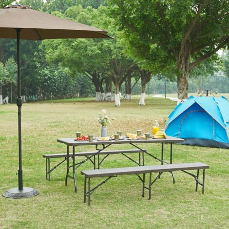 [En.Casa] – Table de camping pliante 180 x 75 x 72 cm – Effet bois marron foncé – Montage rapide – Pieds en métal pour stabilité sur surfaces irrégulières