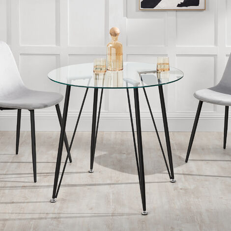 [En.Casa] – Table ronde salle à manger 72 x 80 cm – Plateau verre trempé 8 mm – Pieds acier laqué noir – Pour 2 à 4 personnes