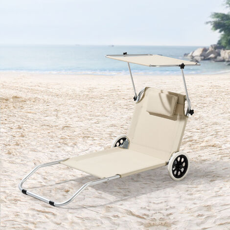 [En.Casa] – Transat à roulettes – Aluminium et polyester – Argenté mat et beige – Pare-soleil réglable – Dimensions 150x62 cm