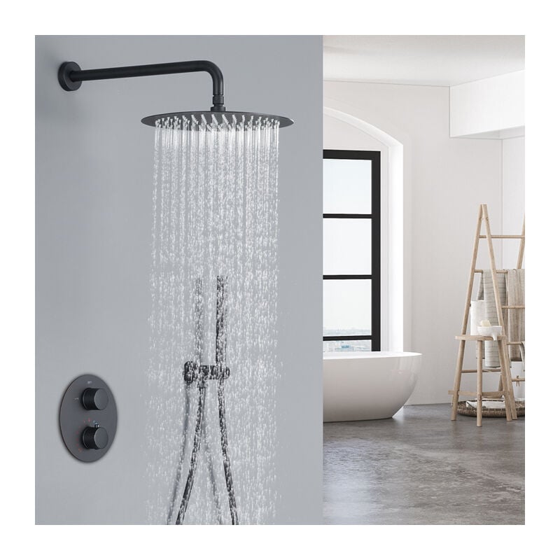 Système de Douche Thermostatique 38℃ Douche Encastré Ensemble de Douche Noir Colonne de Douche Encastrable Douche de Tête 12 Pouces Corps en Laiton