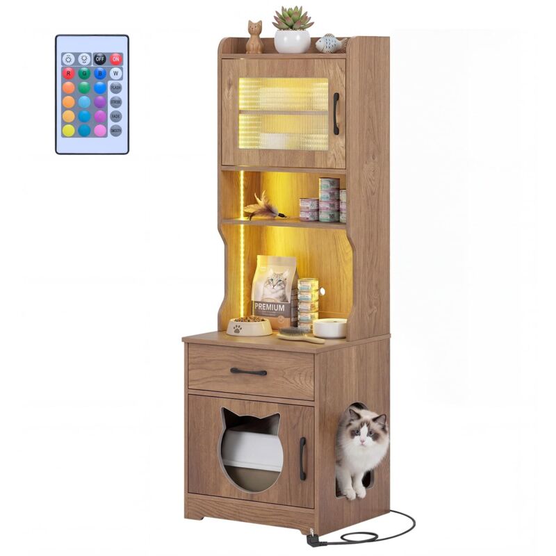 enceinte bac à litière chat étagères de rangement meuble toilette cachée station de charge lumière LED bois grande privée rustique ferme coin biblio