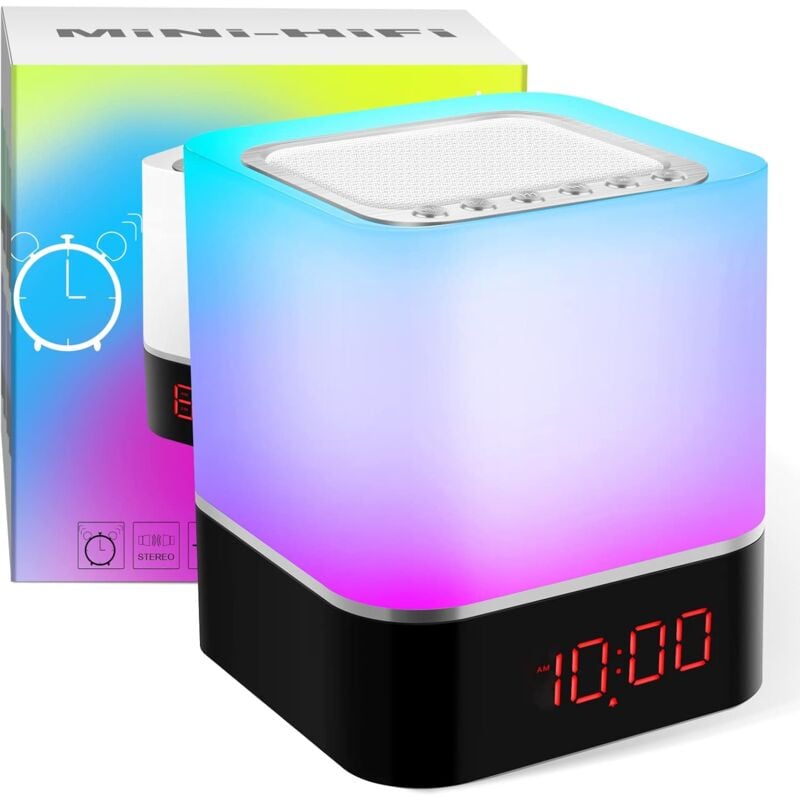 Enceinte Bluetooth 5 en 1 avec lampe de chevet Touch Dimmable, lampe Swonuk usbled 7 couleurs avec réveil, appel mains libres, lecteur MP3, avec