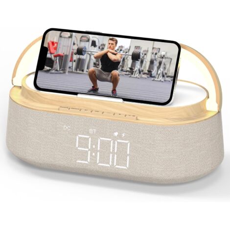 Enceinte Bluetooth avec chargement sans fil, radio FM et veilleuse LED, idéale pour la maison, la chambre, le bureau ou comme cadeau.