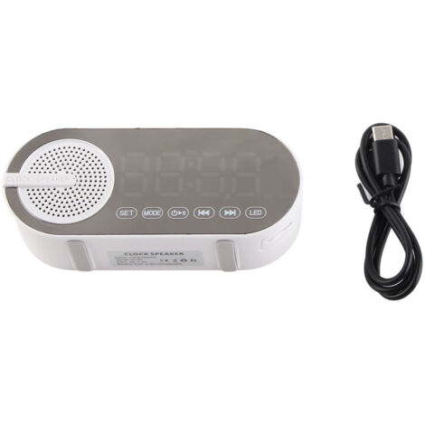 Enceinte Bluetooth avec Double Alarme, Horloge Miroir Bluetooth 5.0, Portable Rechargeable pour Fêtes et Camping, Blanc