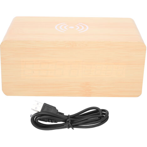Enceinte Bluetooth Multifonction en Bois avec Horloge Alarme, 2000mAh, Mini Haut-parleur Stéréo, Lumière Rouge et Bois Jaune