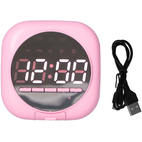 Enceinte Bluetooth P12 avec Horloge LED, Miroir Portable, Double Alarme et Basses Puissantes - Rose