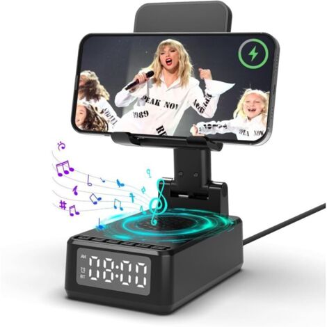 Enceinte Bluetooth portable 5 en 1, réveil, chargeur sans fil, support de téléphone pliable pour bureau