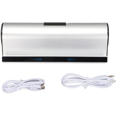Enceinte Bluetooth Portable Stéréo avec Support pour Téléphone et Tablette, Double Haut-parleurs et Batterie Rechargeable, Argenté