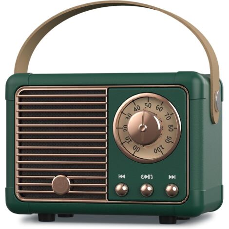 Enceinte Bluetooth Rétro - 3 W - Entrée AUX USB TF - Radio FM 87-108 MHz - Poignée PU - Autonomie 7 H - Vert - 1 Pièce