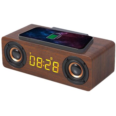 Enceinte Bluetooth Réveil Bois avec Radio FM, Chargement sans Fil Induction pour Smartphone,Port de Charge USB, Luminosité Réglable, Réveil Numérique Affichage LED, 425024