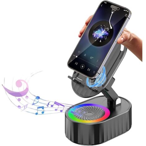 Enceinte Bluetooth sans fil 5 en 1 à induction, support de téléphone d'urgence rechargeable (3000 mAh), avec lumière ambiante colorée, pliable à 300° (noir)
