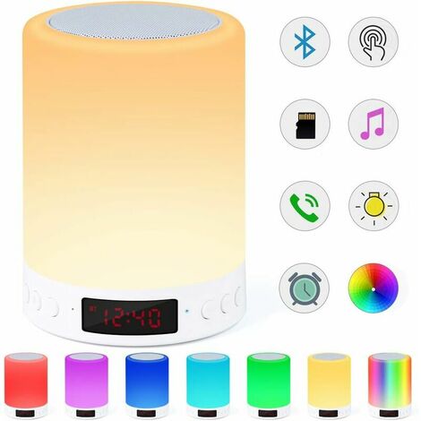 Enceinte Bluetooth, Smart Touch Sensor Veilleuse avec Réveil Radio FM, Dimmable 7 Couleurs RGB Lampe de Chevet pour Chambre, Portable avec Lumière d'Ambiance, Meilleurs Cadeaux pour Femmes, Enfants