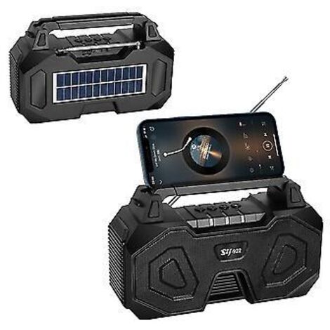 Enceinte Bluetooth solaire portable avec radio FM sans fil et support pour téléphone (noir)