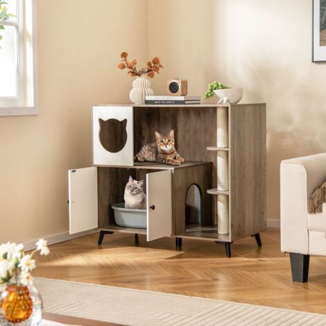Enceinte de Bac à Litière pour Chat avec 3 Poteaux à Griffer en Sisal Condo pour Chat 5 Pieds de Support en Métal Meuble Cabinet Brun