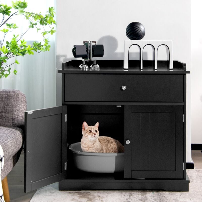 Enceinte de Bac à Litière pour Chat Meubles de Toilette Cachés pour Chat avec Tiroir et 2 Portes Table d'Appoint pour Chat Noir CW9752 design in