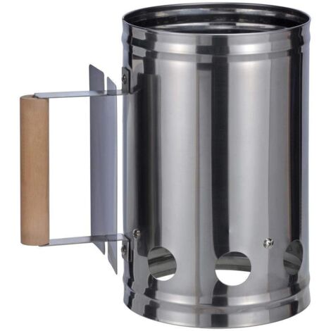 Encendedor de carbón para barbacoa con mango de madera, columna de combustión, encendedor para chimenea, color plata/negro, aprox. 17 x 27 x 27 cm, plata