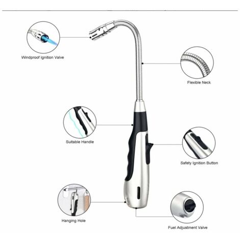 Encendedor de gas con ajuste de cuello flexible de 360°, encendedor de butano, barbacoa a prueba de viento para cocina, camping, viajes, plateado, 28cm