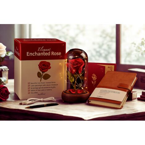 Enchanted Rose in Glass Valentine Gift set With Notebook USB Cable or Battery Powered