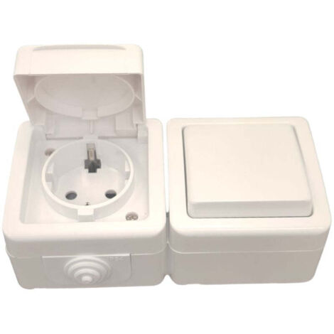 Enchufe 2P + T 16A 250V + Conmutador 10A 250V Estanco Superficie Blanco