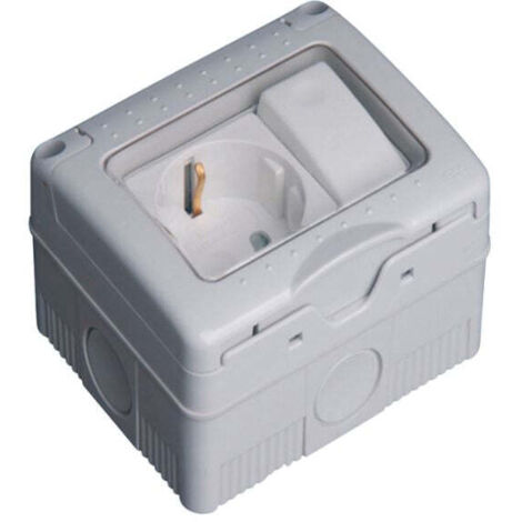 Enchufe 2P + T 16A 250V + Conmutador Estanco Superficie con Tapa de Plástico