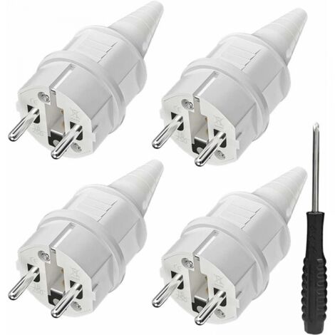 Enchufe con protección antidobleces [4 uds.], 4 tapones de goma con toma de tierra (250 V/16 A) + 1 destornillador, toma de corriente impermeable IP44 para uso en exteriores