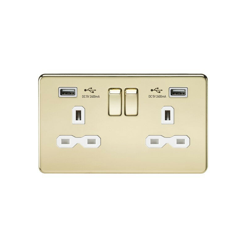 

Enchufe conmutado Knightsbridge 13A 2G con cargador USB dual (2.4A) - Latón pulido con inserto blanco