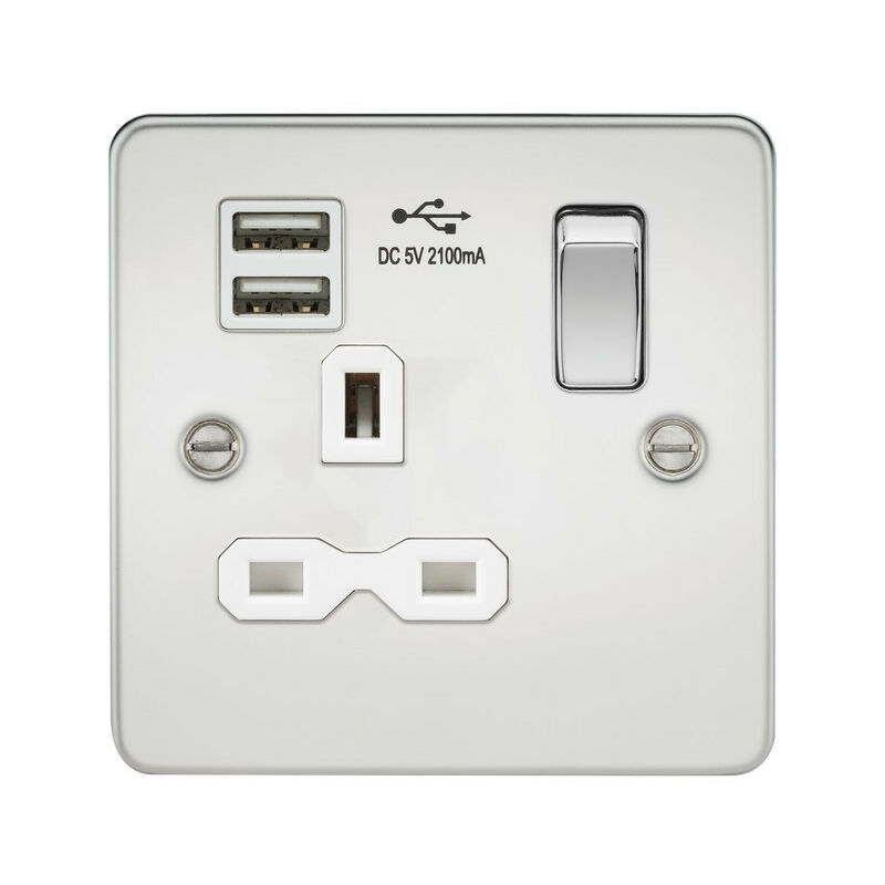 

Enchufe conmutado Knightsbridge Flat plate 13A 1G con cargador USB dual (2.1A) - cromo pulido con inserto blanco