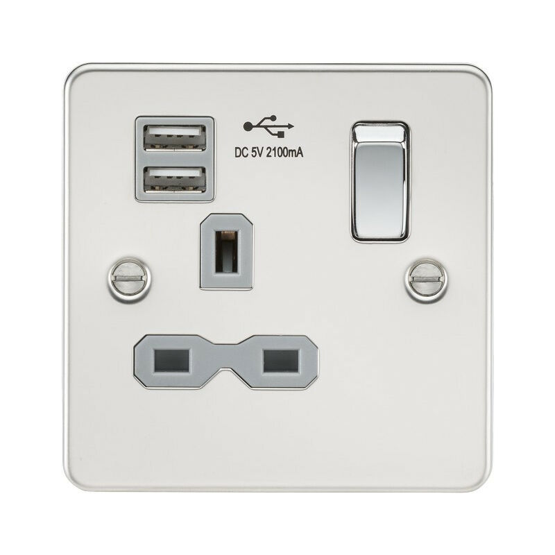 

Enchufe conmutado Knightsbridge Flat plate 13A 1G con cargador USB dual (2.1A) - cromo pulido con inserto gris