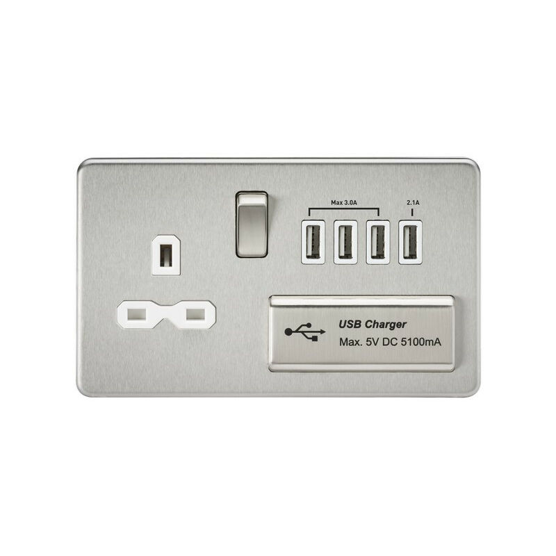 

Enchufe conmutado Knightsbridge sin tornillos de 13 A con cargador cuádruple USB (5.1 A) - cromo cepillado con inserto blanco