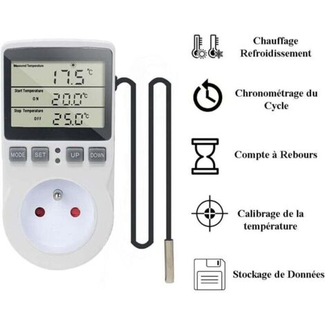 Enchufe controlador de temperatura digital de 220 V con sonda para calefacción y refrigeración, enchufe controlador de temperatura LCD para refrigerador, incubadora, invernadero, ventilador