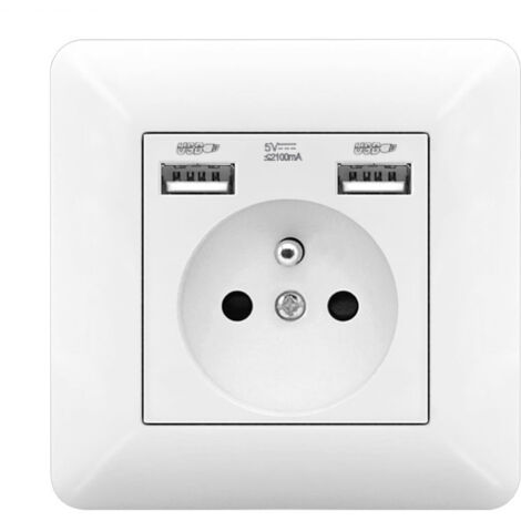 Enchufe de Pared 250V/16A con Puertos USB Dobles – 5V/2.1A, panel de plástico, toma de corriente estándar blanca, compatible con dispositivos USB (smartphones, tablets, etc.)