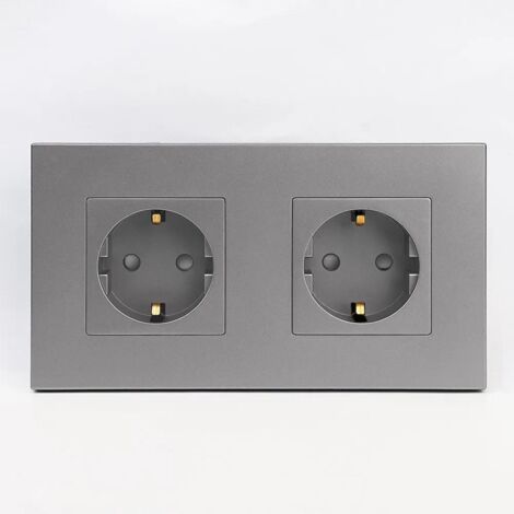 Enchufe doble 16A 250V  2 terminales  Marco de policarbonato gris de 157 mm  Montaje en pared  Uso eléctrico doméstico y en talleres