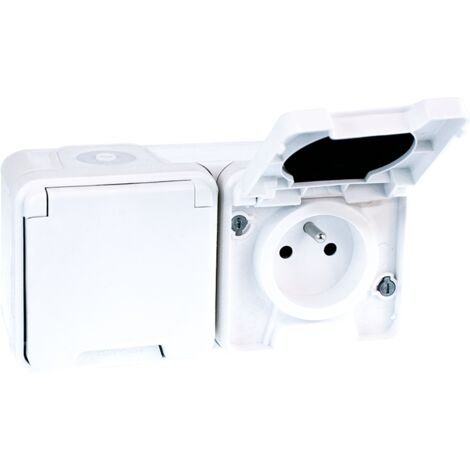 Enchufe doble de corriente horizontal 2P+T con saliente - IP55 - OXXO Blanco