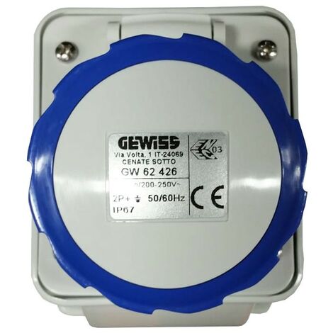 Enchufe fijo de pared Gewiss 2P+E 16A IP67 azul 220V GW62426