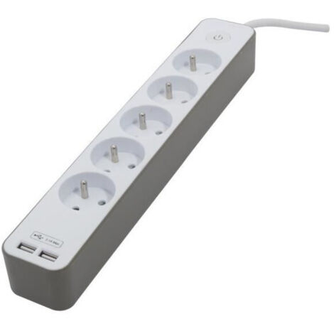 Enchufe múltiple CHACON 5 tomas 16 A con 2 puertos USB y cable de 1,5 m HO5VV-F 3x1,5 mm2 blanco y marrón