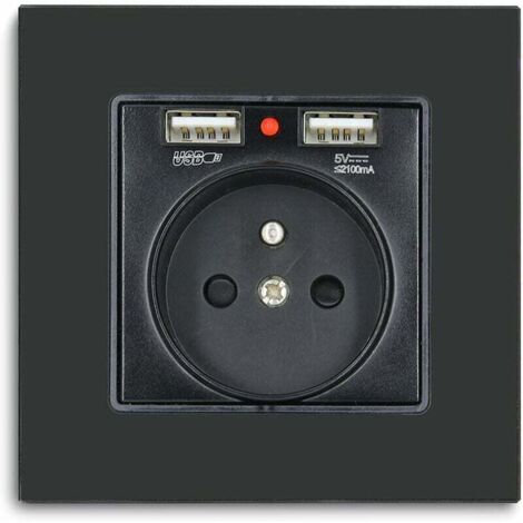Enchufe pared negro 16A 250V, 2 puertos USB (max 2,1A), panel cristal, para smartphones/tabletas