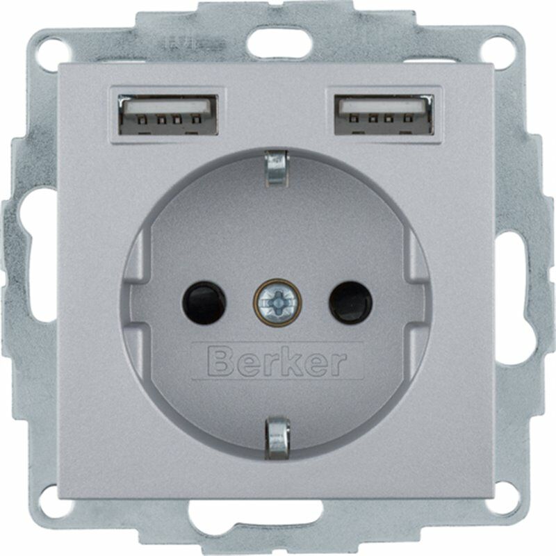 

Enchufe Schuko 2p+T 16A con Usb doble Berker by 48031404 color Aluminio - Hager