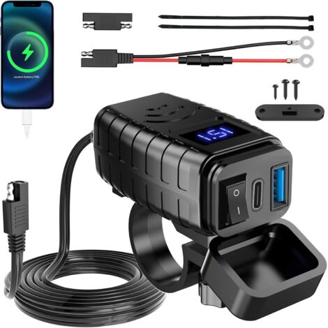 Enchufe USB impermeable de 12 V para motocicleta, cargador USB tipo C con interruptor de encendido/apagado y voltímetro LED, conector USB-C de carga rápida SAE a USB 3.0 para autocaravanas y motocicle