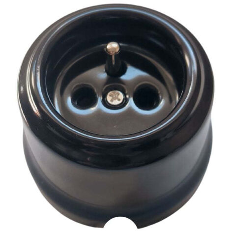 Enchufe Vintage de Superficie en Porcelana Negra – Tipo E Francés 16A 250V