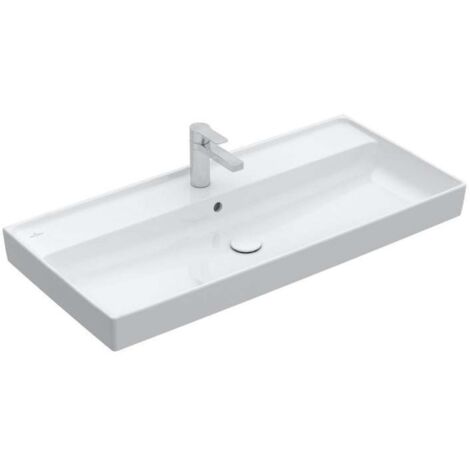 Encimeras, 1000 x 470 mm, Rectangular, Diseño registrado, modelo de suelo, para grifería de 3 orificios, orificio central perforado, con rebosadero, TitanCeram, Blanco