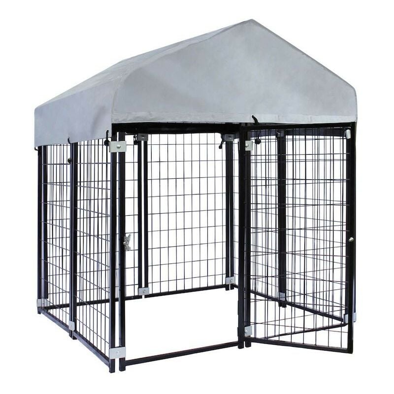 Enclos chenil extérieur en acier avec toiture pour chien de taille 121x121x137cm