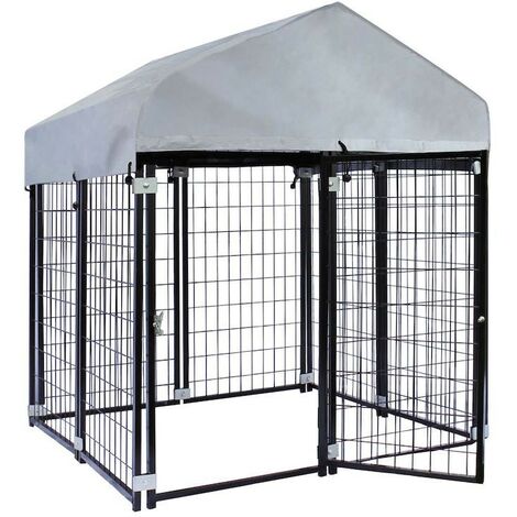 Enclos chenil extérieur en acier avec toiture pour chien de taille 121x121x137cm