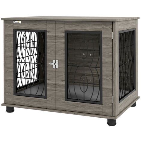 Enclos et parc pour chien caisse métal-gris décor bois-coussin inclus-pour chien jusqu‘à 20kg-longueur 50cm-80x56x63cm