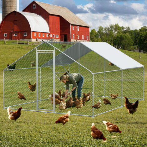 Enclos extérieur 3 x 4 x 2 m en métal argenté, grillage hexagonal, toit imperméable, montage facile